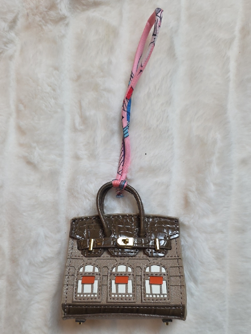 Taupe Croc-Embossed Mini Tote Bag with Pink Strap